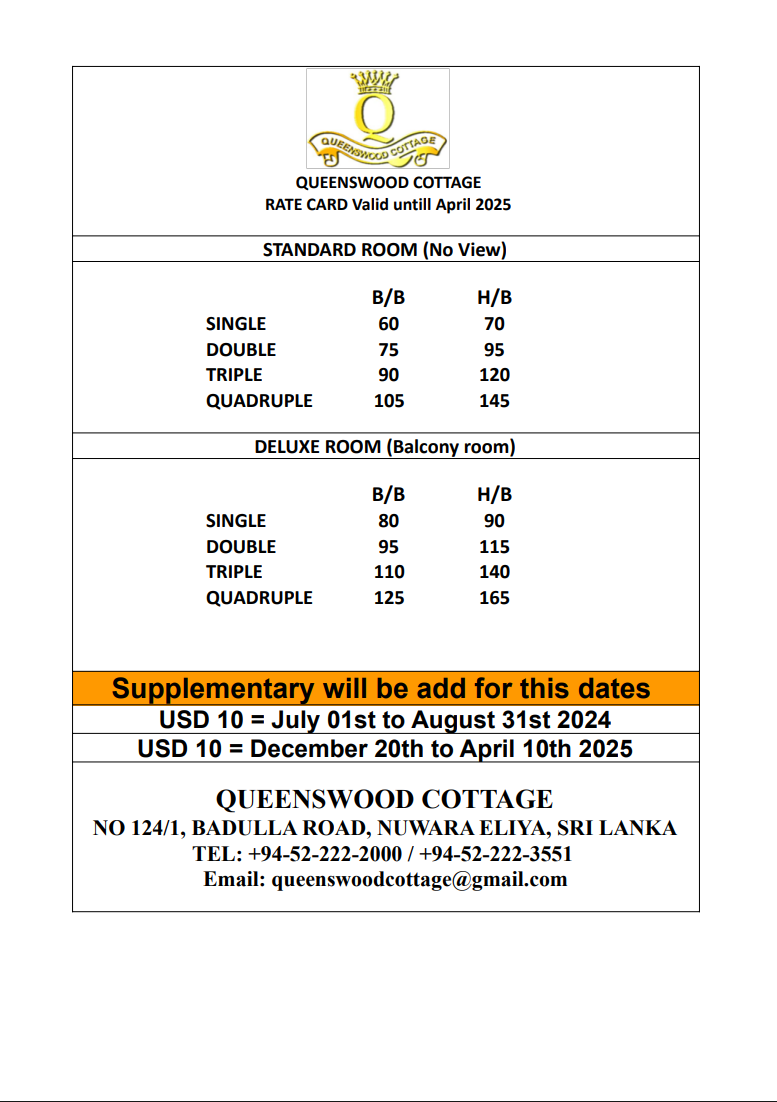 Queenswood Cottage Rate Card - Valid until April 2025